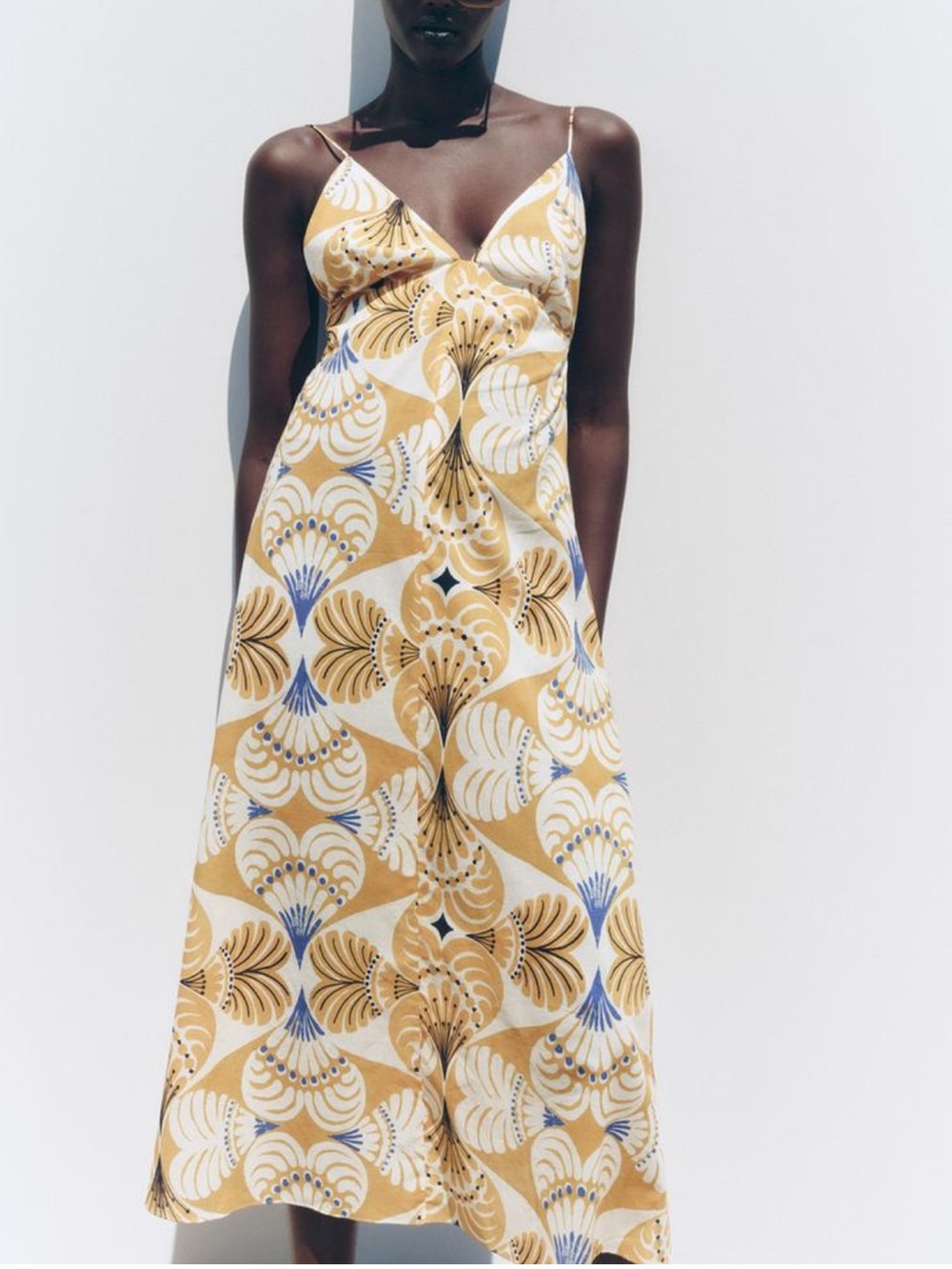Zara Yellow Mustard Print Spaghetti-Strap Midi Dress